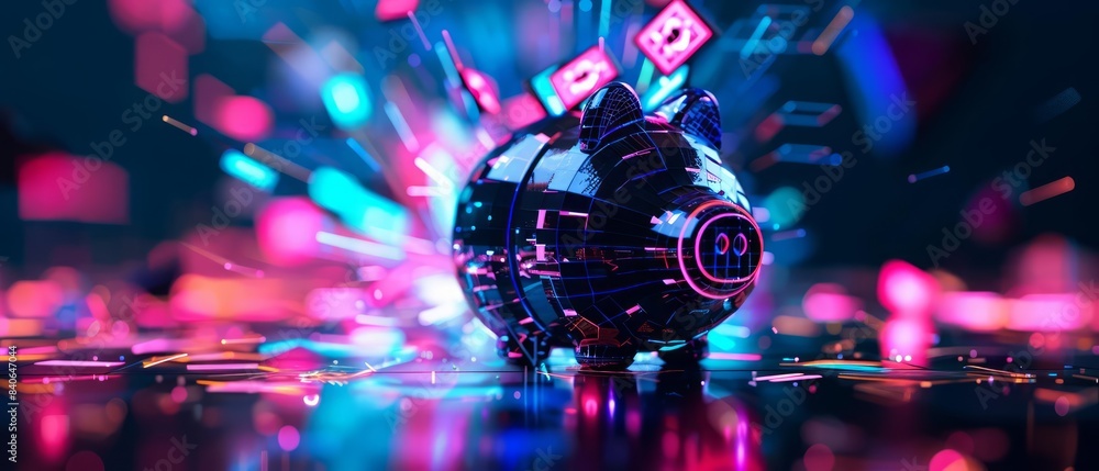 A sleek, futuristic piggy bank adorned with neon accents, designed for modern saving, with digital currency symbols exploding from the top in a vibrant, hightech scene
