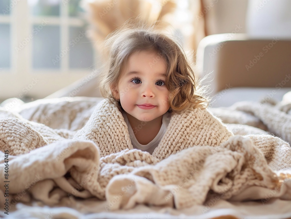 Fototapeta premium Cute child on the bed and covered with a blanket in the bedroom