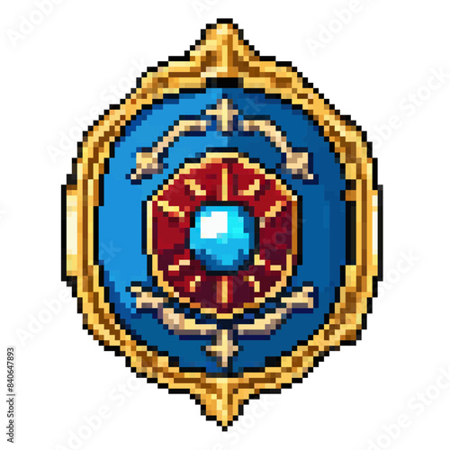 A metal shield carried by a warrior or knight into battle to protect against enemy swords and arrows. Medieval weapon. Vector pixel art, illustration, isolated on transparent background.