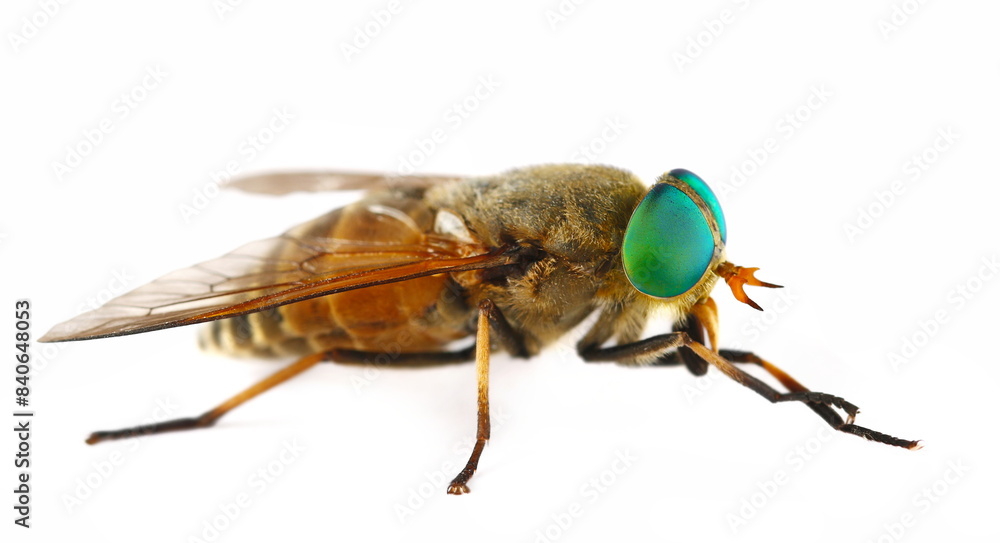 Fototapeta premium Common horse fly or notch-horned cleg fly isolated on white, Haematopota pluvialis, side view
