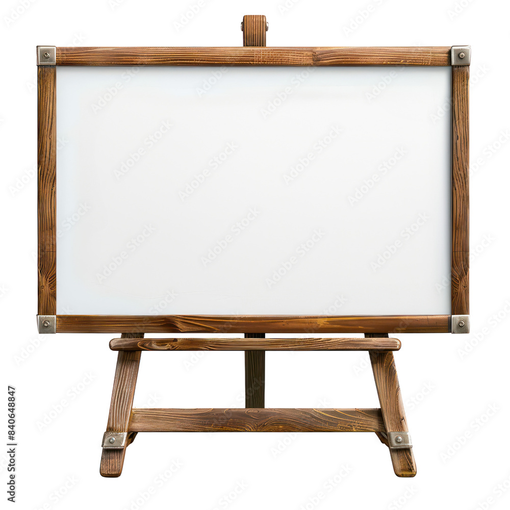 Wooden easel with a blank whiteboard, perfect for presentations, art projects, or educational purposes. High-resolution, isolated on white. Wooden easel with a blank whiteboard, perfect for presentations, art projects, or educational purposes. High-resolution, isolated on white.