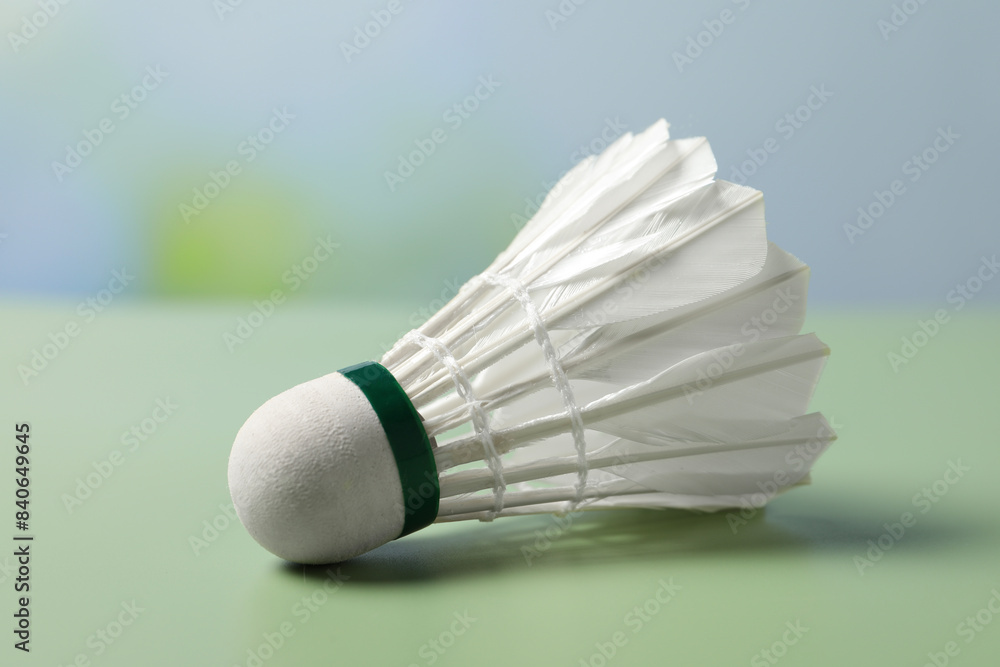Feather badminton shuttlecock on green table against blurred background, closeup Feather badminton shuttlecock on green table against blurred background, closeup