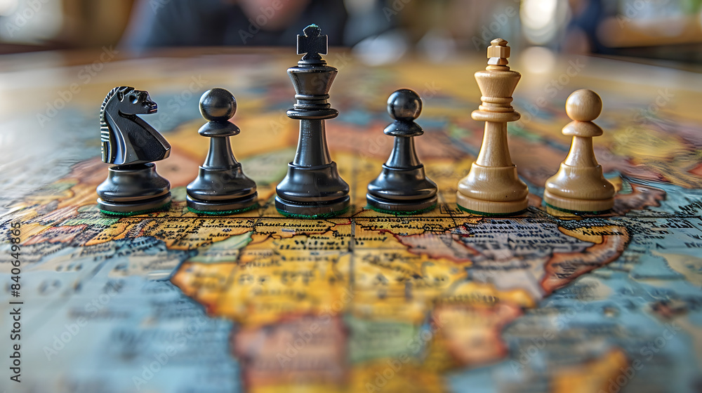 Conceptual image of chess pieces arranged on a world map, representing geopolitical strategies and international relations, banner with copy space Conceptual image of chess pieces arranged on a world map, representing geopolitical strategies and international relations, banner with copy space