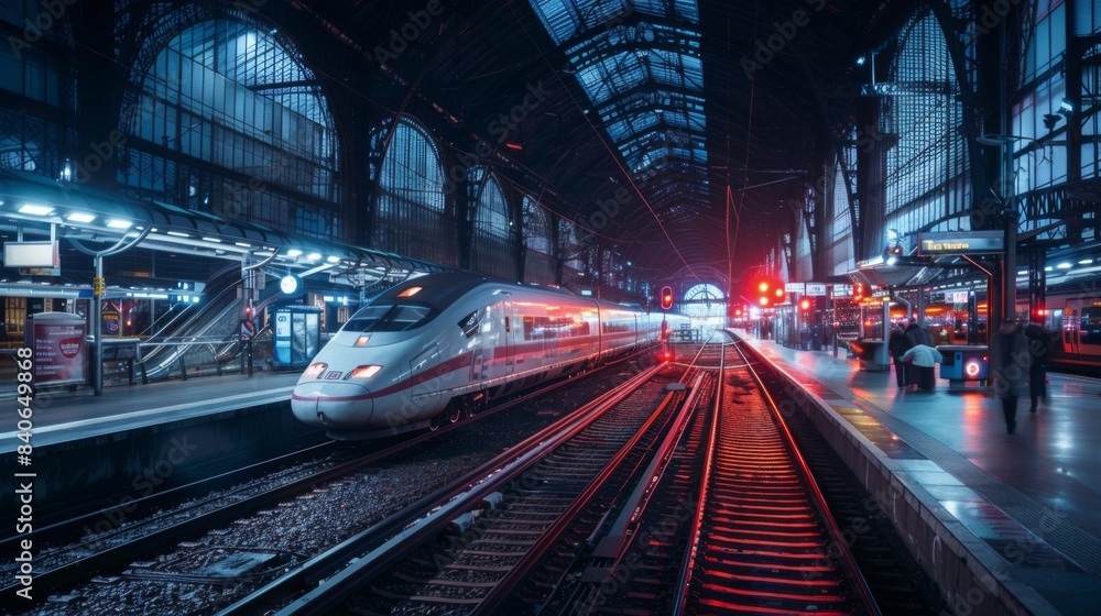 A nighttime scene of a high-speed train station illuminated by bright lights, capturing the hustle and bustle of late-night travel A nighttime scene of a high-speed train station illuminated by bright lights, capturing the hustle and bustle of late-night travel