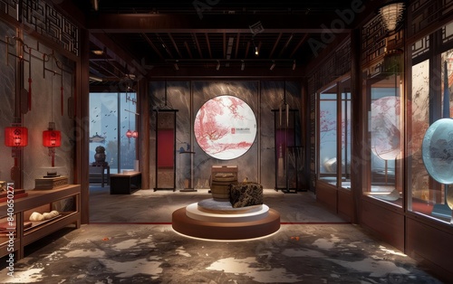 Design a visually stunning digital representation of a Chineseinspired product exhibition platform, blending modern technology with traditional aesthetics photo