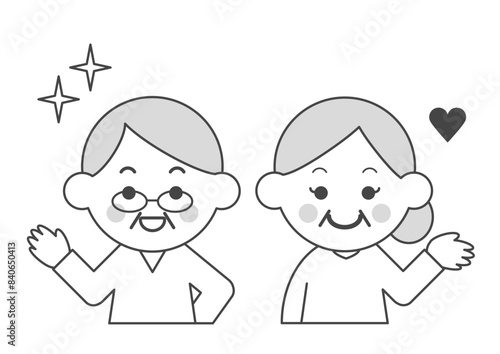 笑顔のシニアカップルのモノクロイラスト
