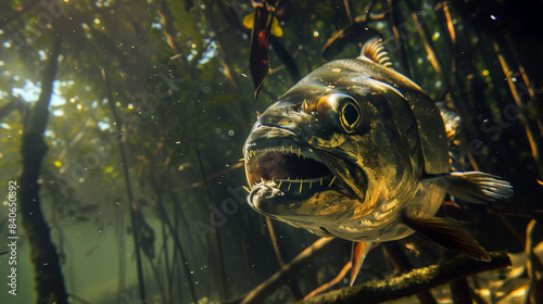 sharp-toothed piranha fish swimming alone near mangrove forest, dark river water creates mysterious shadows beneath it, Ai generated Images
