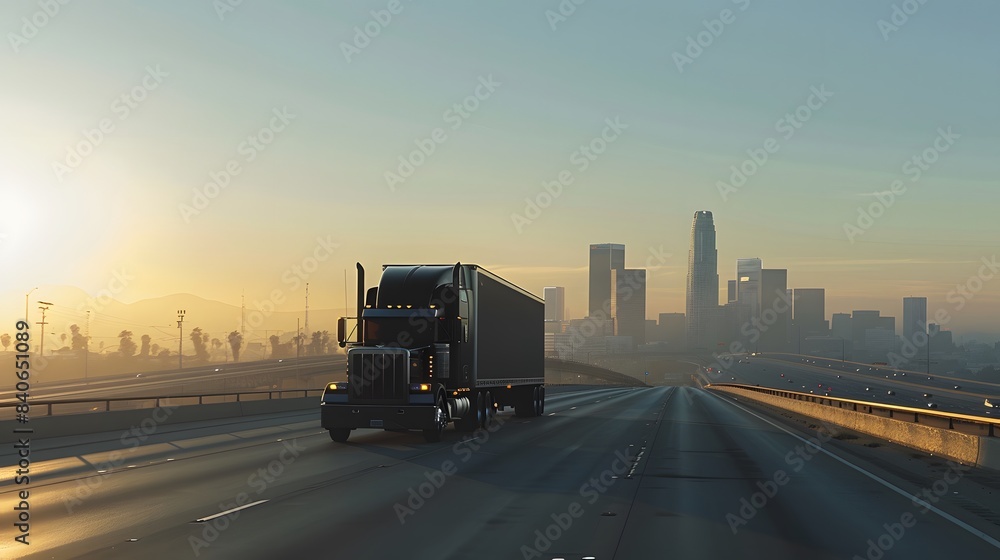 Black Truct driving a road with a city in the distance Black Truct driving a road with a city in the distance