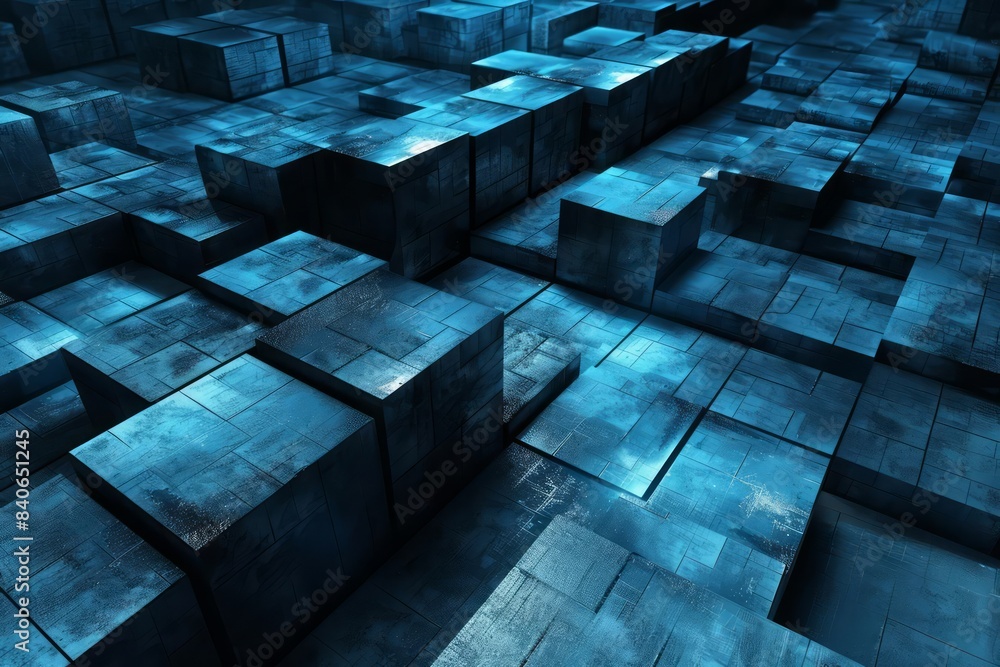 Hightech blue cubes casting shadows on a mysterious dark surface Hightech blue cubes casting shadows on a mysterious dark surface