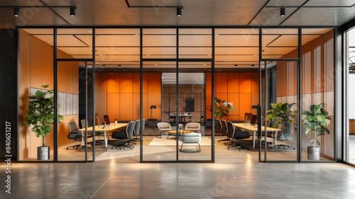 Modern office conference room with glass partitions, stylish furniture, and warm lighting, perfect for business meetings and professional discussions.