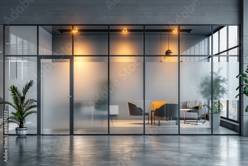 Modern office interior with glass walls, frosted partitions, and stylish furniture under warm lighting. Contemporary workspace design concept.