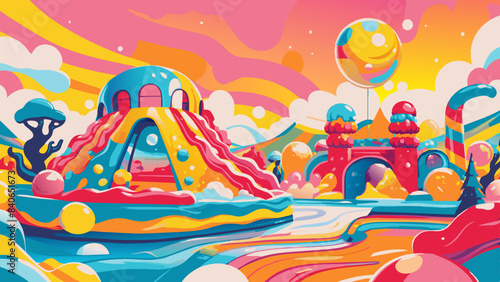 Vibrant Candyland Fantasy Landscape with Whimsical Structures