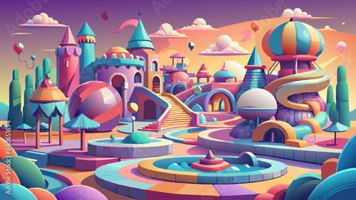 Enchanted Castle in a Colorful Fantasy Landscape at Sunset