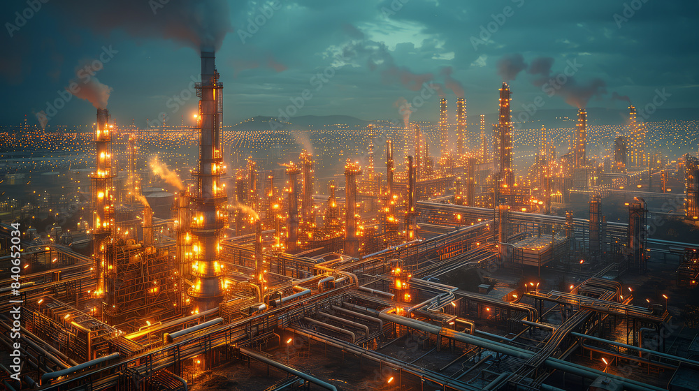 Fototapeta premium A photorealistic high-angle image capturing a sprawling industrial oil refinery at dusk, with hundreds of lights illuminating the facility and smoke rising from numerous chimneys.