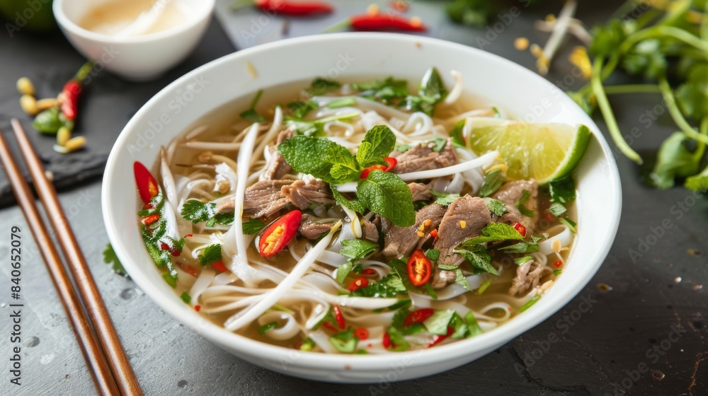 A plate of authentic Vietnamese pho garnished with fresh herbs, lime wedges, and chili peppers, showcasing the growing popularity of Vietnamese street food and noodle soups