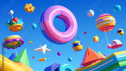 Colorful Digital Fantasy World with Vibrant 3D Shapes and Whimsical Elements
