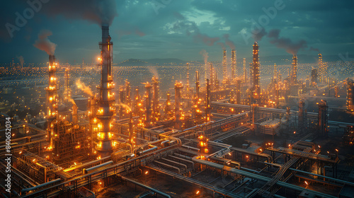 Wallpaper Mural A photorealistic high-angle image capturing a sprawling industrial oil refinery at dusk, with hundreds of lights illuminating the facility and smoke rising from numerous chimneys. Torontodigital.ca