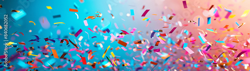 Colorful confetti falling on a blue and pink background. Template or banner for celebrating, party, festival and happy new year concept © Chaiyo