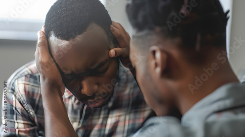 Closeup of african american psychologist helping depressed young man photo