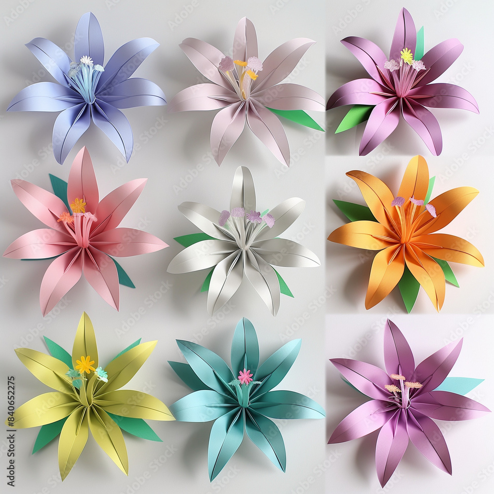 8 different colored paper lily flowers, cut out and arranged in an array on a white background in a flat lay, symmetrical arrangement. The flowers are colorful with simple shapes and soft pastel color 8 different colored paper lily flowers, cut out and arranged in an array on a white background in a flat lay, symmetrical arrangement. The flowers are colorful with simple shapes and soft pastel color