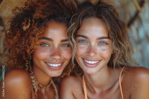 A lively portrait of a couple of European women with brown curly hair and wearing swimming suits is spending time together at a natural beach. photo