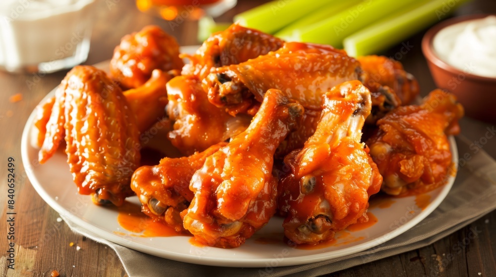 A plate of golden and crispy buffalo chicken wings served with tangy blue cheese dressing and crunchy celery sticks, a quintessential favorite from American sports bars A plate of golden and crispy buffalo chicken wings served with tangy blue cheese dressing and crunchy celery sticks, a quintessential favorite from American sports bars