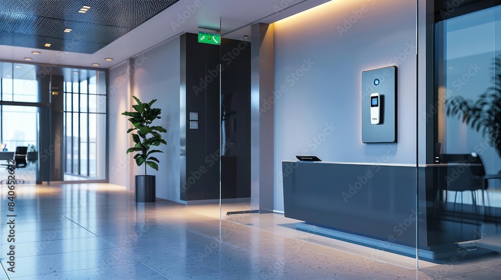 The sleek entrance of a contemporary office features a biometric access control system on the wall, providing secure and restricted entry The sleek entrance of a contemporary office features a biometric access control system on the wall, providing secure and restricted entry