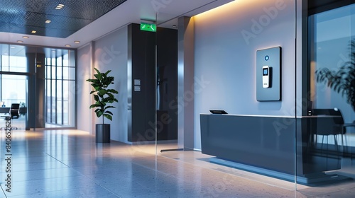 The sleek entrance of a contemporary office features a biometric access control system on the wall  providing secure and restricted entry