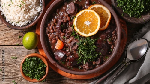 A plate of traditional Brazilian feijoada stew served with rice, orange slices, and farofa, symbolizing the global appreciation for hearty and flavorful Brazilian comfort food © Plaifah