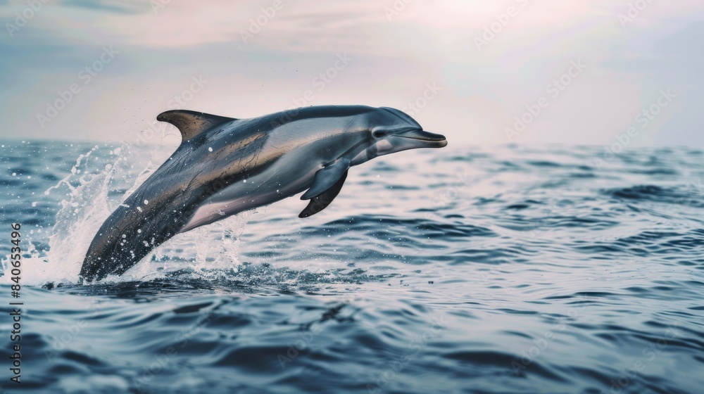 Fototapeta premium A playful dolphin jumping out of the water with a joyful expression, creating a splash as it returns to the ocean surface