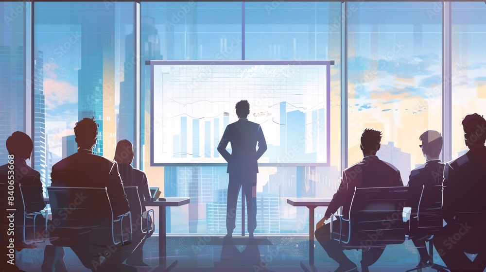 A businessman standing in front of a whiteboard, presenting a business plan to a group of investors, with a city skyline visible through the window. A businessman standing in front of a whiteboard, presenting a business plan to a group of investors, with a city skyline visible through the window.