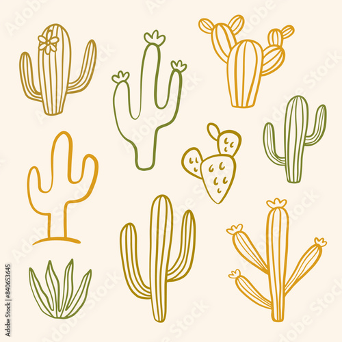 Hand drawn cacti doodles set. Cute cactus sketch