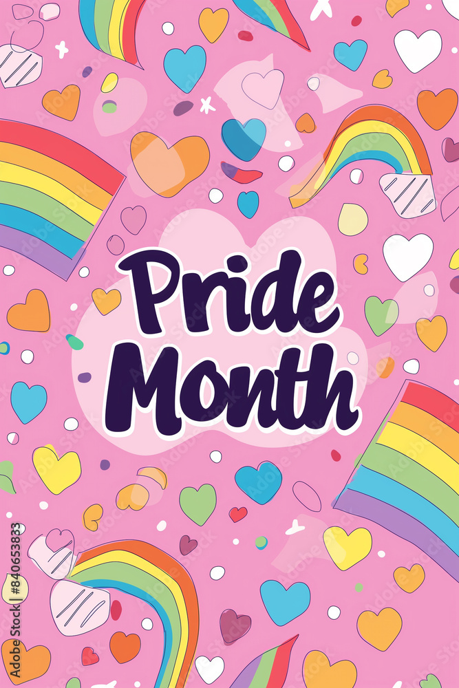 Pride month flyer with lgbt flags, flat illustration on pink background
