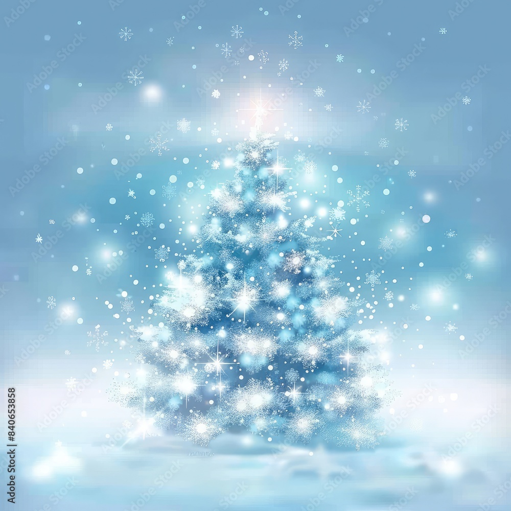 Sparkling Christmas Tree Holiday Winter Scene, Snowflakes Festive Blue Background, Seasonal Glow Light Effect