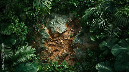 Fototapeta Naklejka Na Ścianę i Meble -  Realistic Dinosaur Footprint in Earth Among Lush Vegetation.