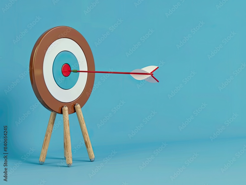 Target board with arrow, bullseye, archery, accurate shot, precision, blue background, hitting the target, success, winning moment Target board with arrow, bullseye, archery, accurate shot, precision, blue background, hitting the target, success, winning moment