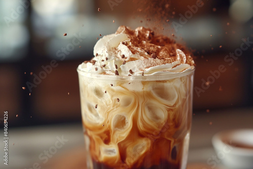 A whipped cream topped iced coffee with chocolate drizzle captures a dynamic pour of espresso, against a dark background. Idea for cafe and coffee shops menu promotions.