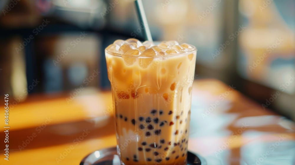 A refreshing glass of iced bubble milk tea, beads of tapioca pearls glistening against the cold, inviting a sip of sweetness and satisfaction A refreshing glass of iced bubble milk tea, beads of tapioca pearls glistening against the cold, inviting a sip of sweetness and satisfaction