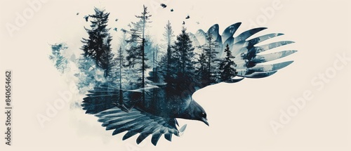 Double exposure of a bird in flight and the sky