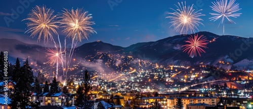 Night cityscape with colorful fireworks illuminating the sky above a snow-covered mountain town during a festive celebration.