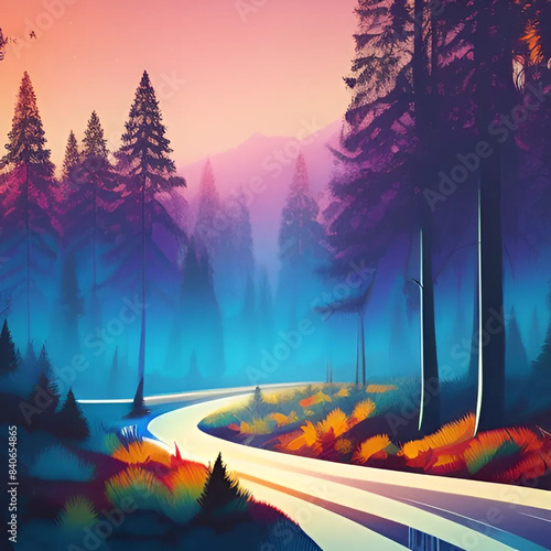 sunset in the mountains. Blue background.