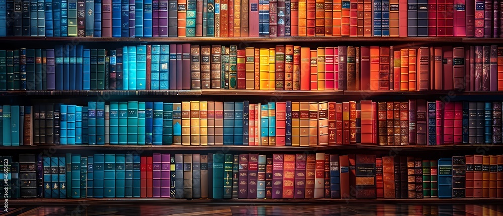 Colorful books neatly arranged on shelves in a brightly lit library Colorful books neatly arranged on shelves in a brightly lit library