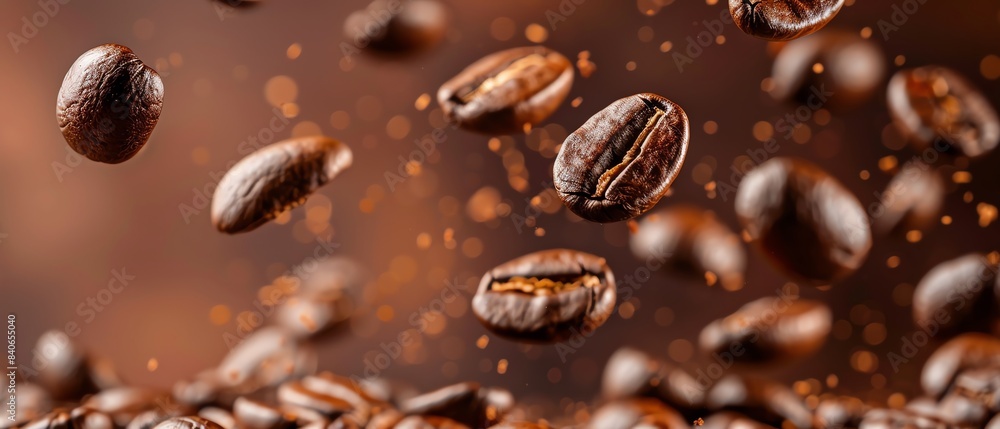 Coffee beans in midair, rich brown background Coffee beans in midair, rich brown background