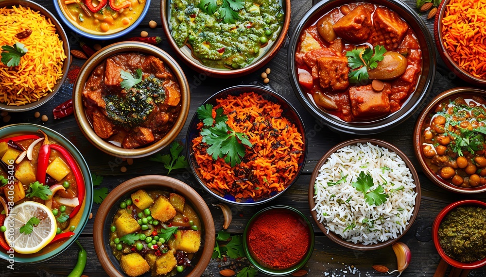 Indian feast with various dishes, topdown view, vibrant colors, rustic table, garnished with herbs Indian feast with various dishes, topdown view, vibrant colors, rustic table, garnished with herbs