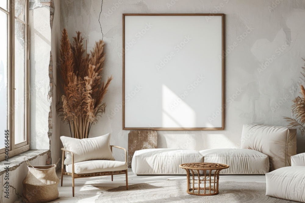 Poster frame mockup in minimalist brown interior created with generative ai Poster frame mockup in minimalist brown interior created with generative ai