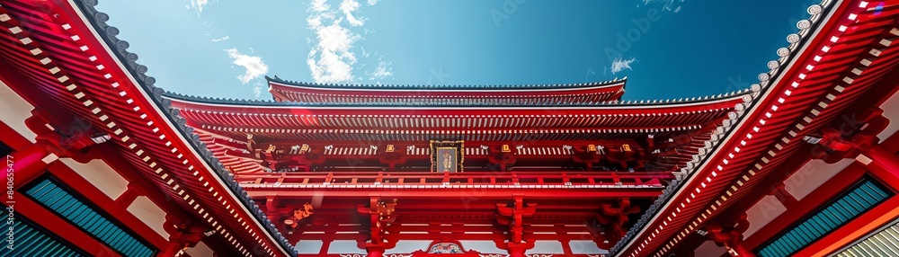 Majestic red temple gate, traditional architecture, clear sky Majestic red temple gate, traditional architecture, clear sky