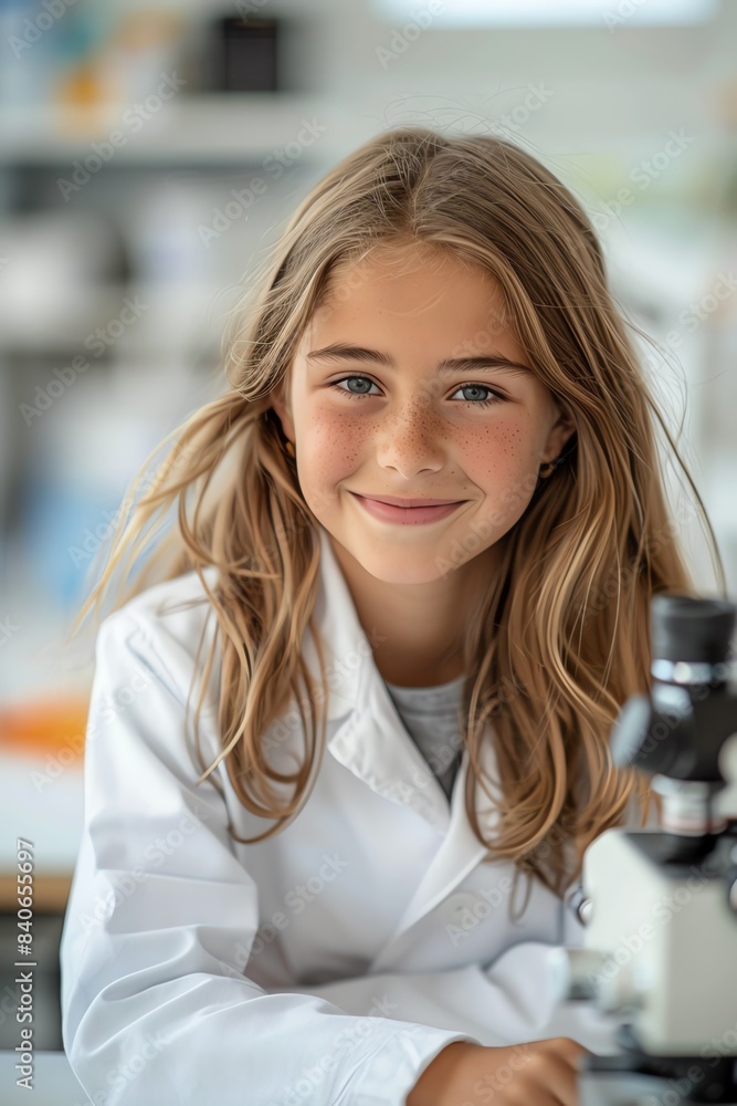 Smiling girl in a lab coat, sitting at a desk with a microscope, bright room Smiling girl in a lab coat, sitting at a desk with a microscope, bright room