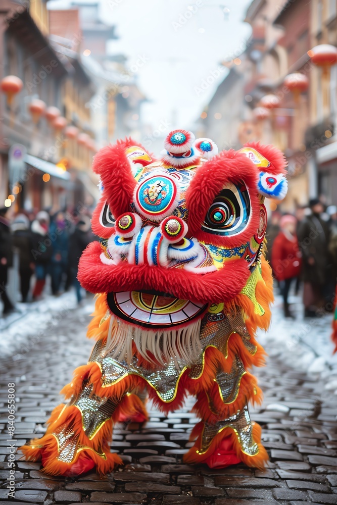 Traditional Chinese lion dance, colorful costume, festive atmosphere