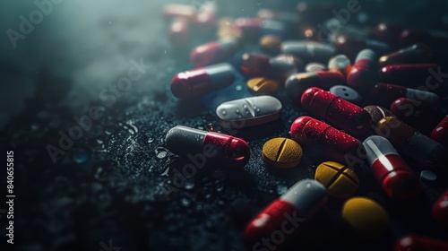An open bottle spilling tablets and capsules on the floor, bokeh background, dark tones.