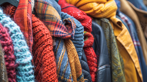 Close up view of colorful knitted clothes and scarfs hanging on hangers in a shop or showroom © ALEXSTUDIO